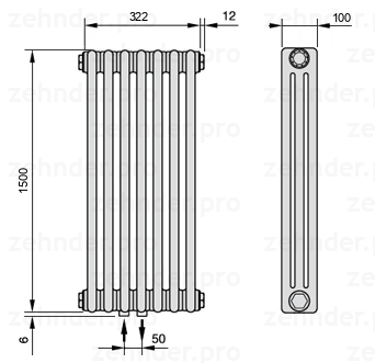 Схема (чертеж) Радиатор Zehnder Charleston 3150/7 №3470 Белый глянцевый RAL 9016